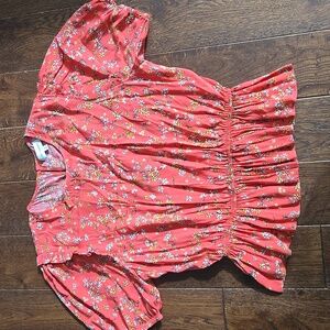 Lost + Wander Orange Floral Peplum Waist Short Sleeve Top Size M